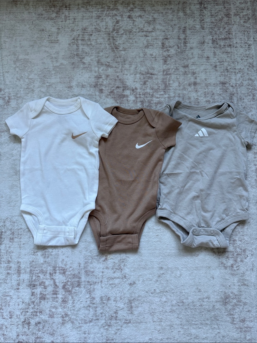 Nike/Adidas Baby One-Piece Bodysuit in White, Brown and Light Gray - 3 Pack
